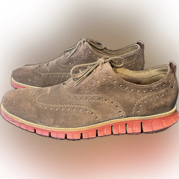 Cole Haan ZeroGrand Wingtip Oxford Shoe Dark Roast Brown Suede Red 10.5 M C26224 - Picture 1 of 7